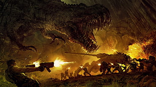 dragon and soldiers digital wallpaper, Turok, video games, dinosaurs