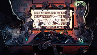 black flat screen computer monitor with keyboard and mouse beside white mug illustration