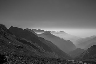 grayscale photo of mountains HD wallpaper