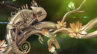 gray chameleon figurine, Desktopography, chameleons, steampunk, digital art