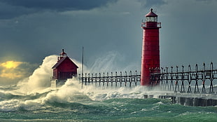 red lighthouse, lighthouse, sea, coast HD wallpaper