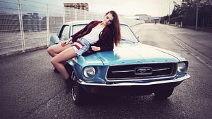 blue Ford Mustang, Ford Mustang, muscle cars, women with cars, redhead