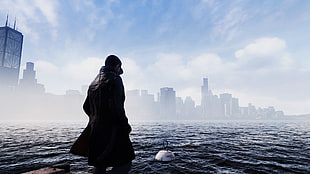 silhouette of person walking near body of water with the distance of high-rise building during daytime, Watch_Dogs, video games