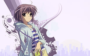 female character wearing purple and white striped shirt with gray hoodie digital wallpaper