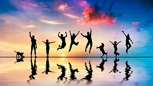 silhouette artwork of people jumping, jumping, silhouette, group of people, cat HD wallpaper