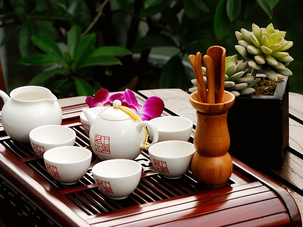 white ceramic tea set on tray HD wallpaper