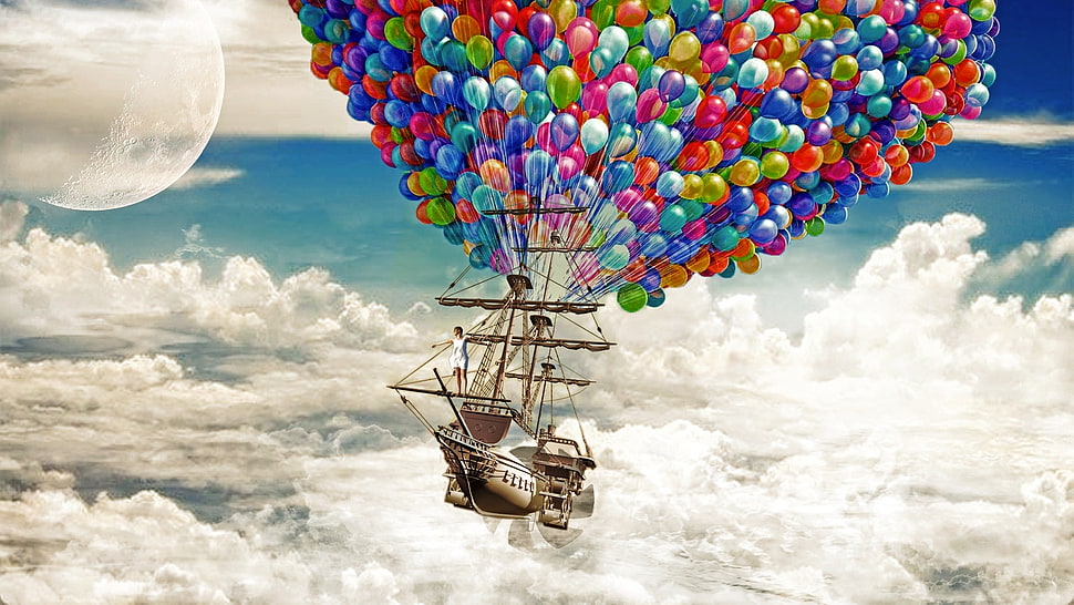 beige wooden ship flying using balloons HD wallpaper HD wallpaper