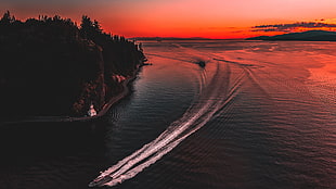 white speedboat, photography, sunset, boat