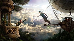 man riding blimp holding reaching out to woman wallpaper