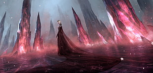 woman wearing red dress near red crystals digital wallpaper, Frozen (movie), Princess Elsa, disney queens, fantasy art