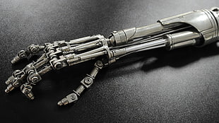 silver metal artificial hand, cyborg, endoskeleton, Terminator, movies HD wallpaper
