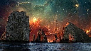 rock and body of water digital wallpaper, Earth, water, universe, sea