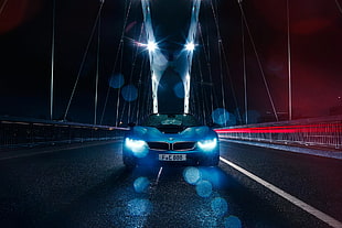 blue BMW vehicle, vehicle, car, bridge, rain HD wallpaper