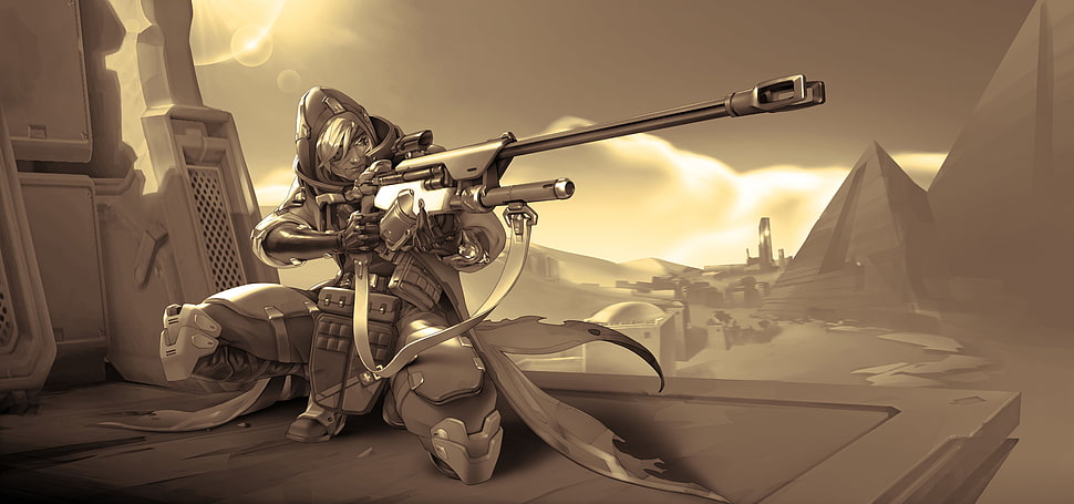 person using a sniper rifle illustration, Overwatch, Blizzard Entertainment, video games, Ana (Overwatch) HD wallpaper