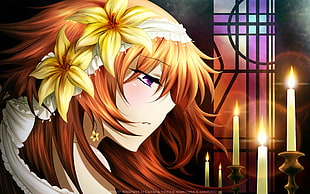 brown haired female anime character with floral headband near candles