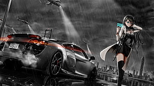 female anime character and black coupe digital wallpaper, anime, Audi