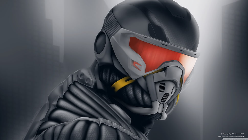 person wearing black helmet and red goggles illustration, Crysis HD wallpaper