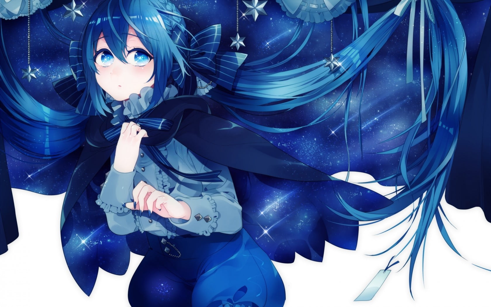 Blue-haired anime girl pointing at something - wide 2
