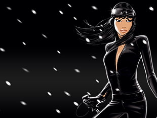 black haired woman i black suit and black helmet character