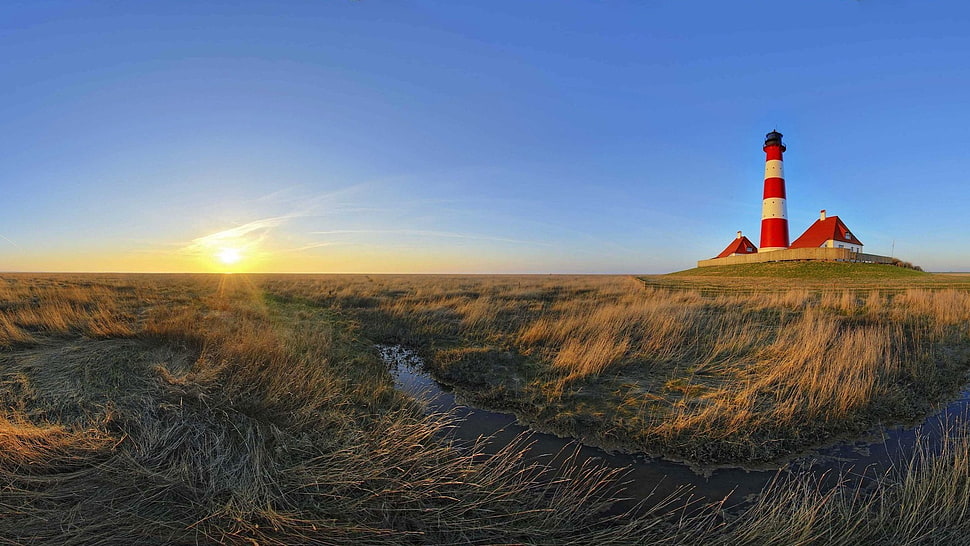 white and red lighthouse, lighthouse, sea, dune, grass HD wallpaper
