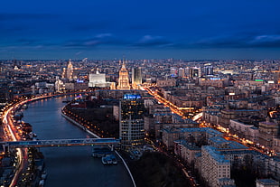 blue and brown concrete building, urban, cityscape, river, Moscow