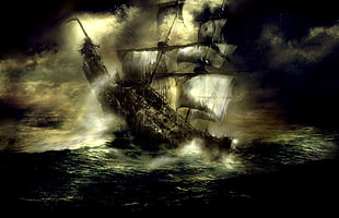 shipwreck digital wallpaper, sailing ship, Storm (character), storm, painting