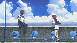 brown haired boy and girl near body of water anime poster