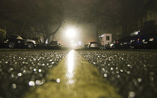 black car, worm's eye view, road, car, lights