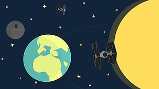 green and teal Earth, Death Star and TIE fighter illustration, minimalism, Star Wars, artwork, Earth