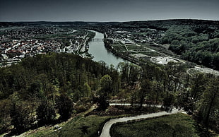 aerial view of river between buildings HD wallpaper