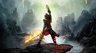 character holding burning sword digital wallpaper, Skyhold (Dragon Age Inquisition), video games, Dragon Age Inquisition, Dragon Age: Inquisition