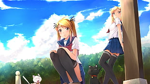 girl anime wearing blue and white school uniform beside white cat wallpaper