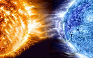 photo of iceball and fireball almost collide HD wallpaper