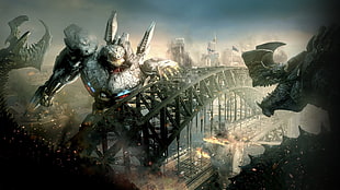 monster fighting on bridge video game digital wallpaper, movies, Pacific Rim, kaiju, digital art