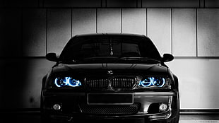 black BMW sedan, BMW, black, xenon, lights