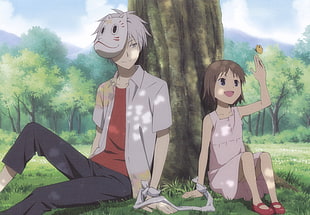 two person sitting on the ground, Hotarubi no Mori e, forest, Gin, Takegawa Hotaru
