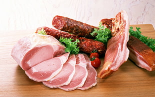 sliced meats on wooden table HD wallpaper