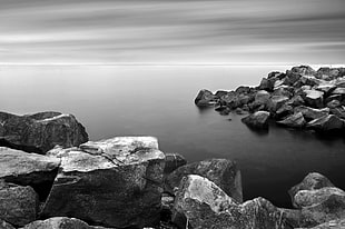 grayscale photo of stones on shore