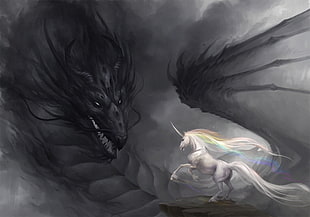 unicorn and dragon digital illustration, dragon, unicorns