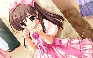 female anime character with brown hair and pink dress