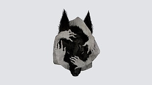 black wolf head wallpaper, wolf, hands, abstract, white background HD wallpaper