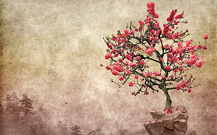 red leafed tree illustration, pink flowers, zen garden
