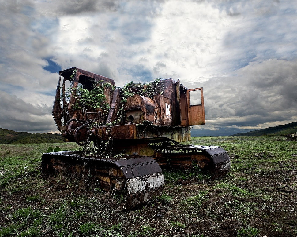 brown and black tractor, excavators, wreck, machine, clouds HD wallpaper