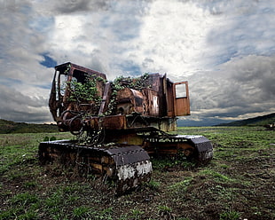 brown and black tractor, excavators, wreck, machine, clouds
