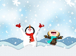 snowman and girl on snow HD wallpaper