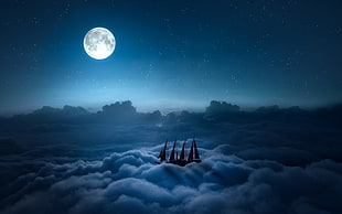 ship on sea of clouds wallpaper, digital art, ship, Moon, clouds