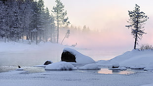 frozen river, winter, snow, landscape HD wallpaper