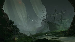wrecked pirate ship graphic wallpape, artwork, fantasy art, ship, sailing ship