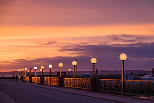 view of lighted lampposts and orange twilight sky