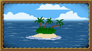 palm trees on island in the middle of ocean illustration, digital art, nature, pixel art, island